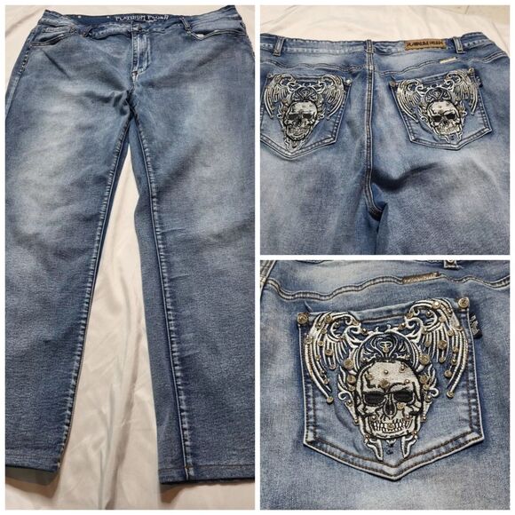 PLATINUM PLUSH Skull & Wings Rhinestone Boot Cut Jeans Size 23x28 Plus Petite - Picture 1 of 14